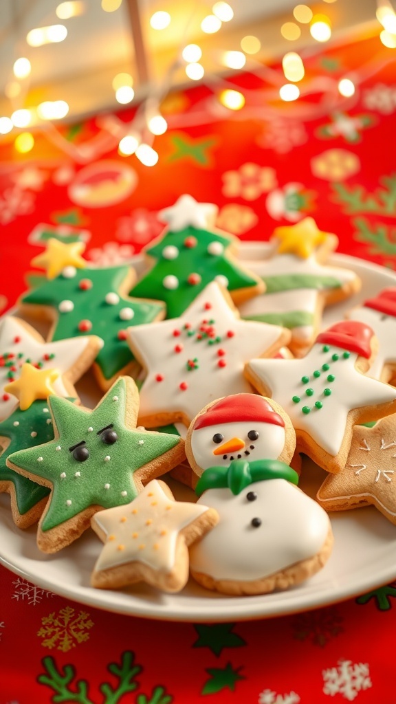 A plate of decorated Christmas cookies in festive shapes on a holiday table.